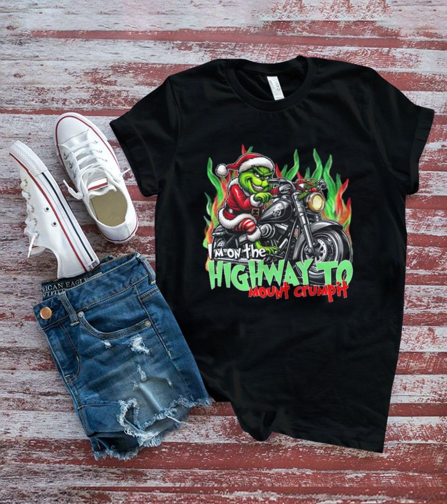 The Grinch Santa Riding Motorcycle On The Highway To Mount Crumpit Christmas T-Shirt