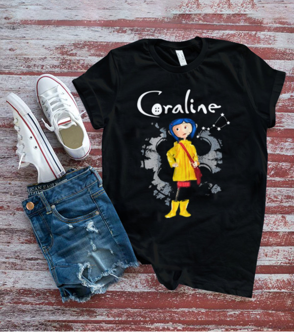 Coraline Character In Yellow Coat With Button Eyes And Star Constellation Background T-Shirt