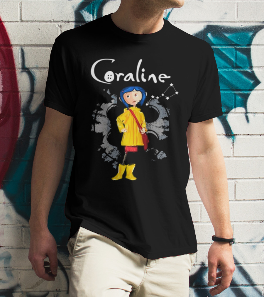 Coraline Character In Yellow Coat With Button Eyes And Star Constellation Background T-Shirt