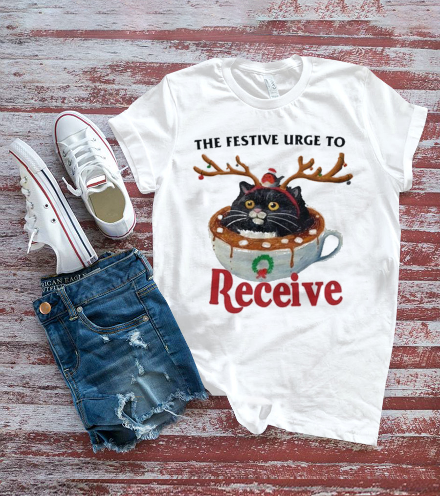 The Festive Urge To Receive Cat With Antlers In Christmas Cup T-Shirt