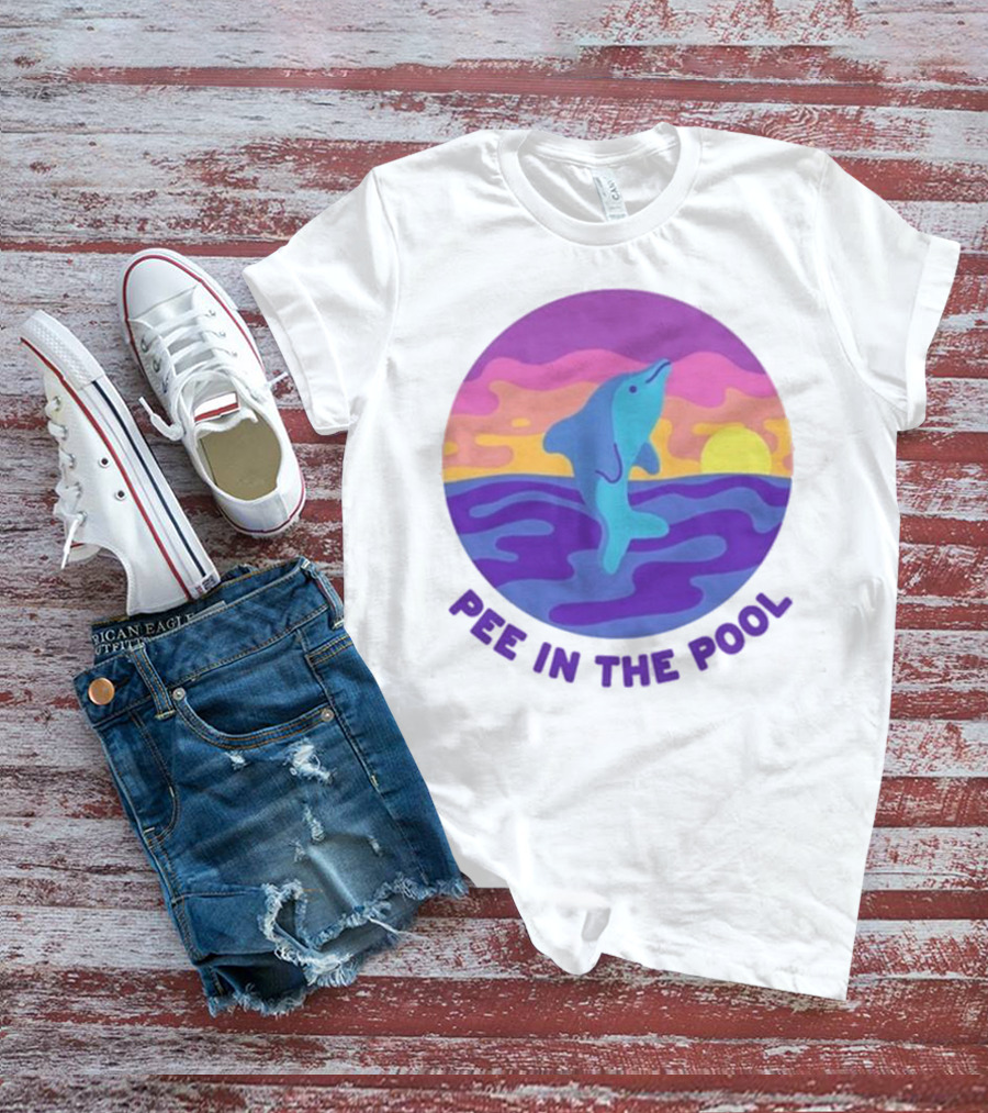 Pee In The Pool Dolphin Retro Sunset Ocean Scene T-Shirt
