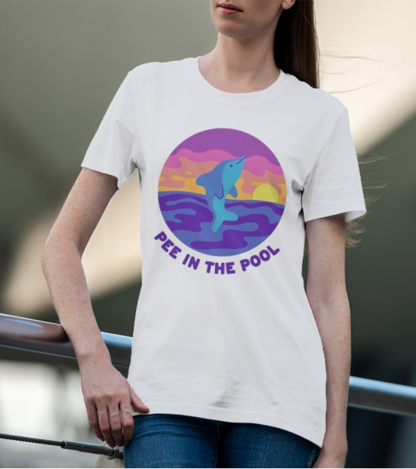 Pee In The Pool Dolphin Retro Sunset Ocean Scene T-Shirt