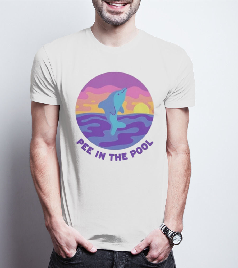 Pee In The Pool Dolphin Retro Sunset Ocean Scene T-Shirt