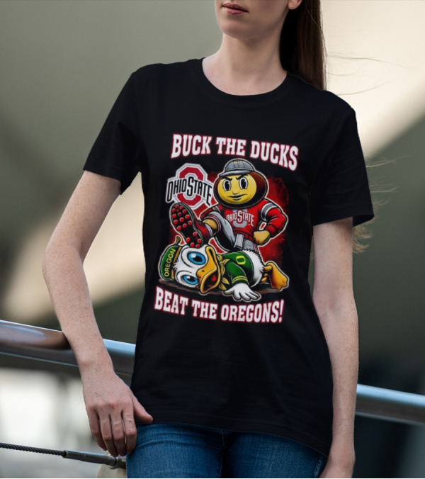 Ohio State Buckeyes Buck The Ducks Beat The Oregons 2025 Mascot Showdown T-Shirt