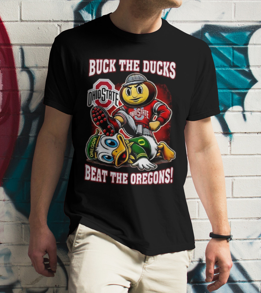 Ohio State Buckeyes Buck The Ducks Beat The Oregons 2025 Mascot Showdown T-Shirt
