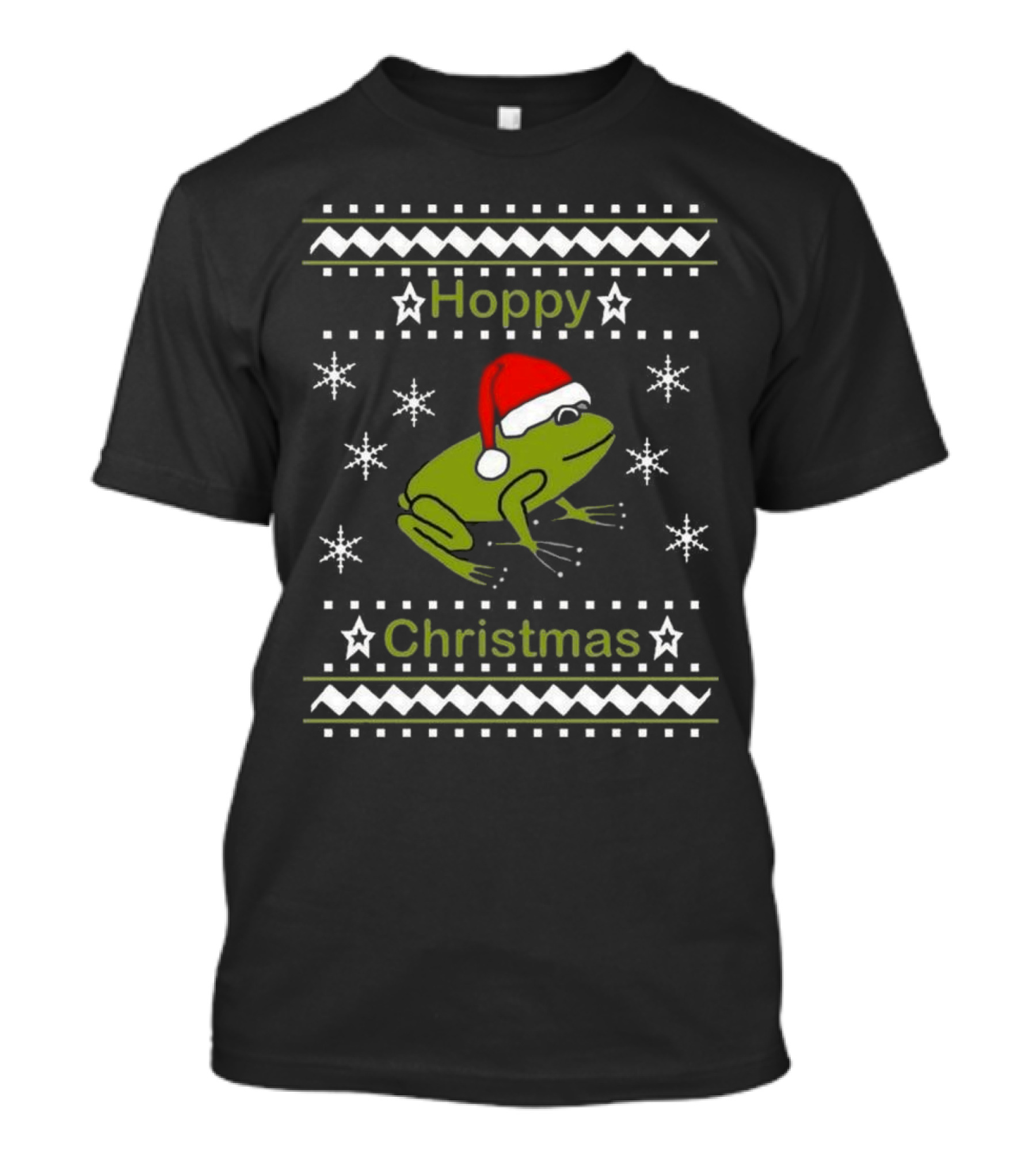 Hoppy Christmas Frog Wearing Santa Hat Surrounded By Snowflakes T-Shirt