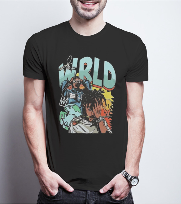 Juice WRLD Rapper Signature And Cartoon Globe With Crown T-Shirt