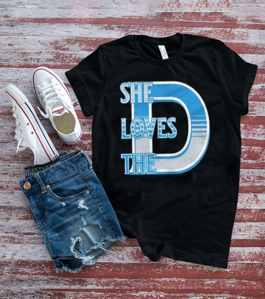 She Loves The D Detroit Blue Striped Lettering T-Shirt
