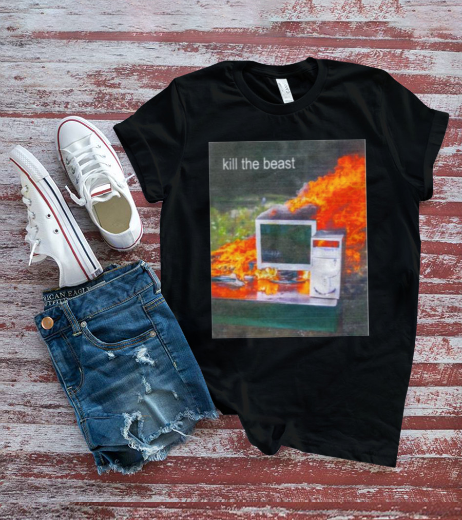 Kill The Beast Flaming Computer Dogecore Duel Monitors T-Shirt