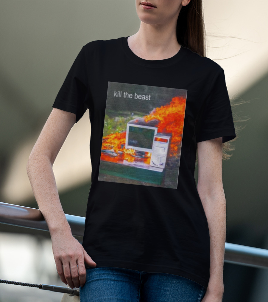 Kill The Beast Flaming Computer Dogecore Duel Monitors T-Shirt