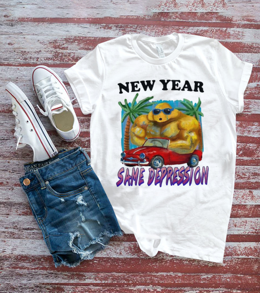 New Year Same Depression Buff Duck Red Convertible Palm Trees T-Shirt