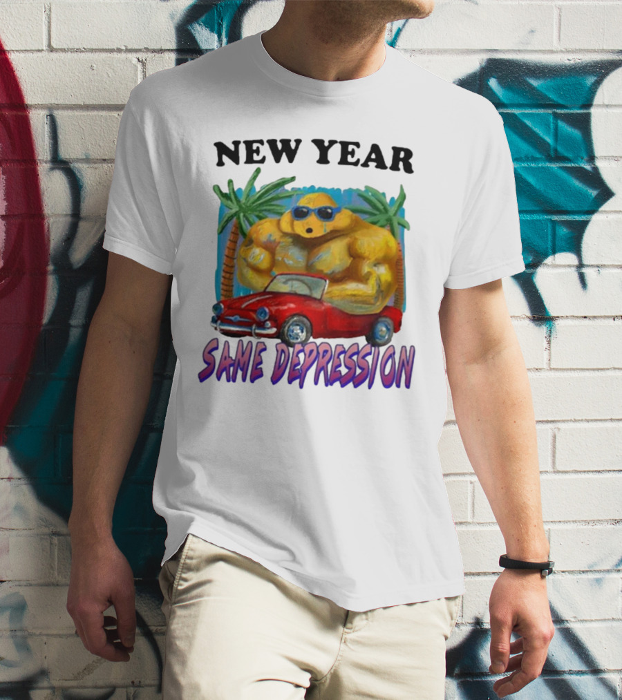 New Year Same Depression Buff Duck Red Convertible Palm Trees T-Shirt