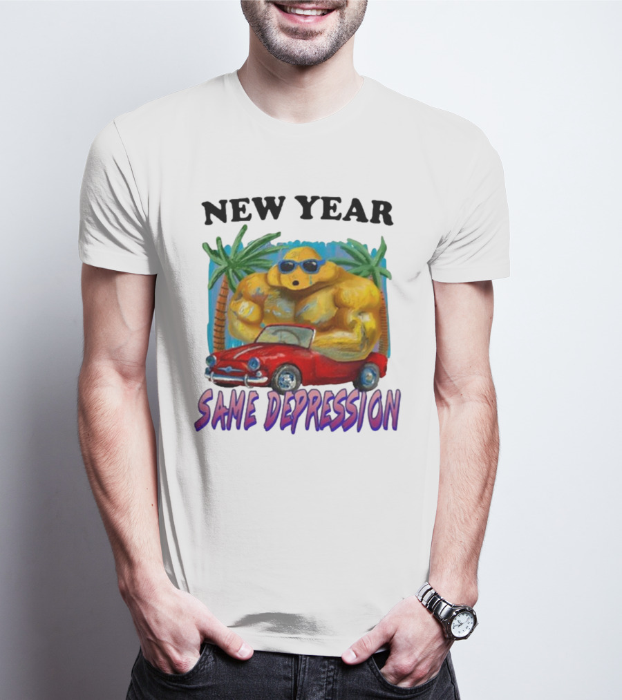 New Year Same Depression Buff Duck Red Convertible Palm Trees T-Shirt