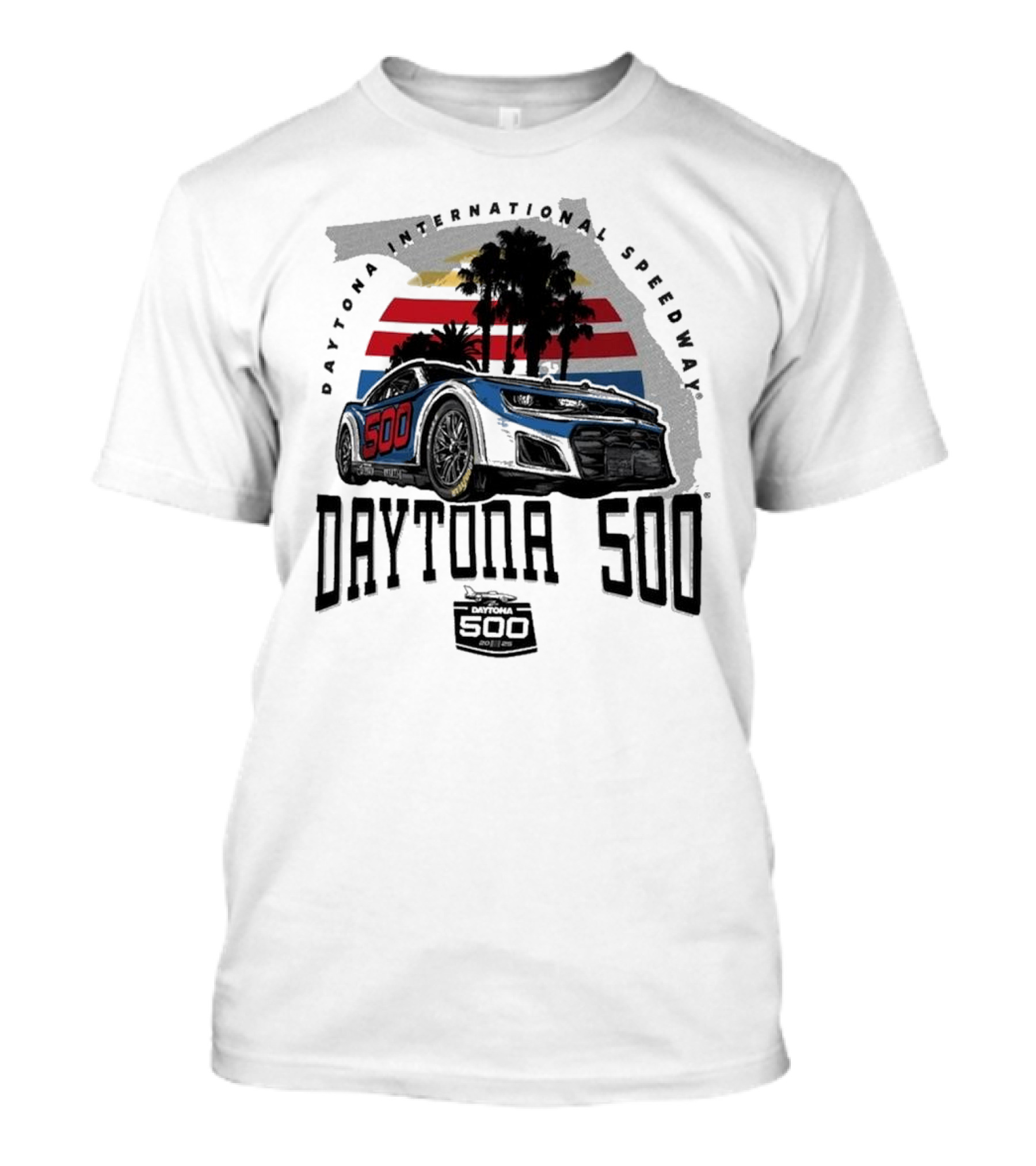 Daytona 500 Daytona International Speedway 2025 Racing Car Graphic With Palm Trees And Stripes T-Shirt