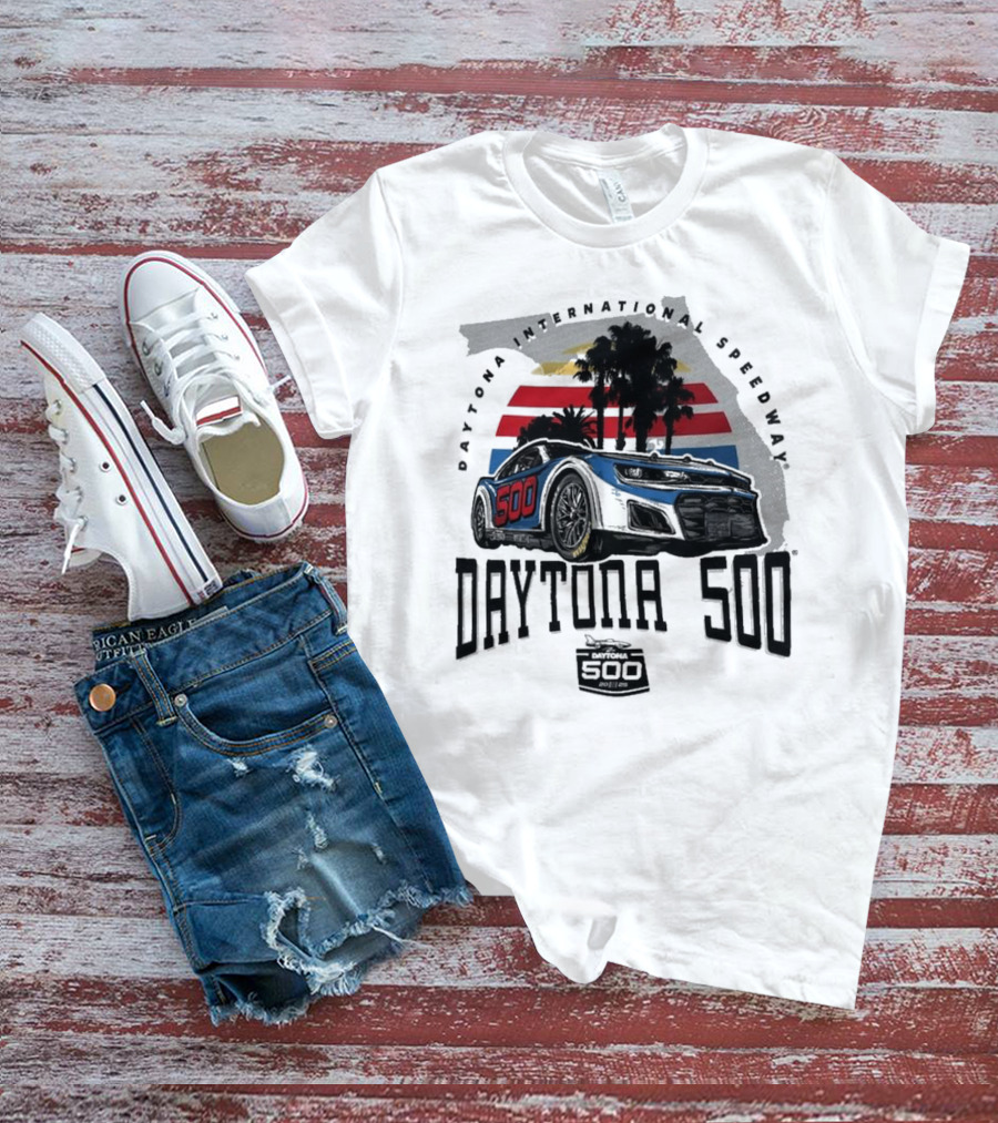 Daytona 500 Daytona International Speedway 2025 Racing Car Graphic With Palm Trees And Stripes T-Shirt