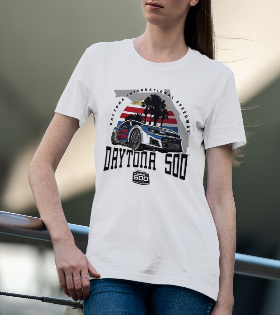 Daytona 500 Daytona International Speedway 2025 Racing Car Graphic With Palm Trees And Stripes T-Shirt