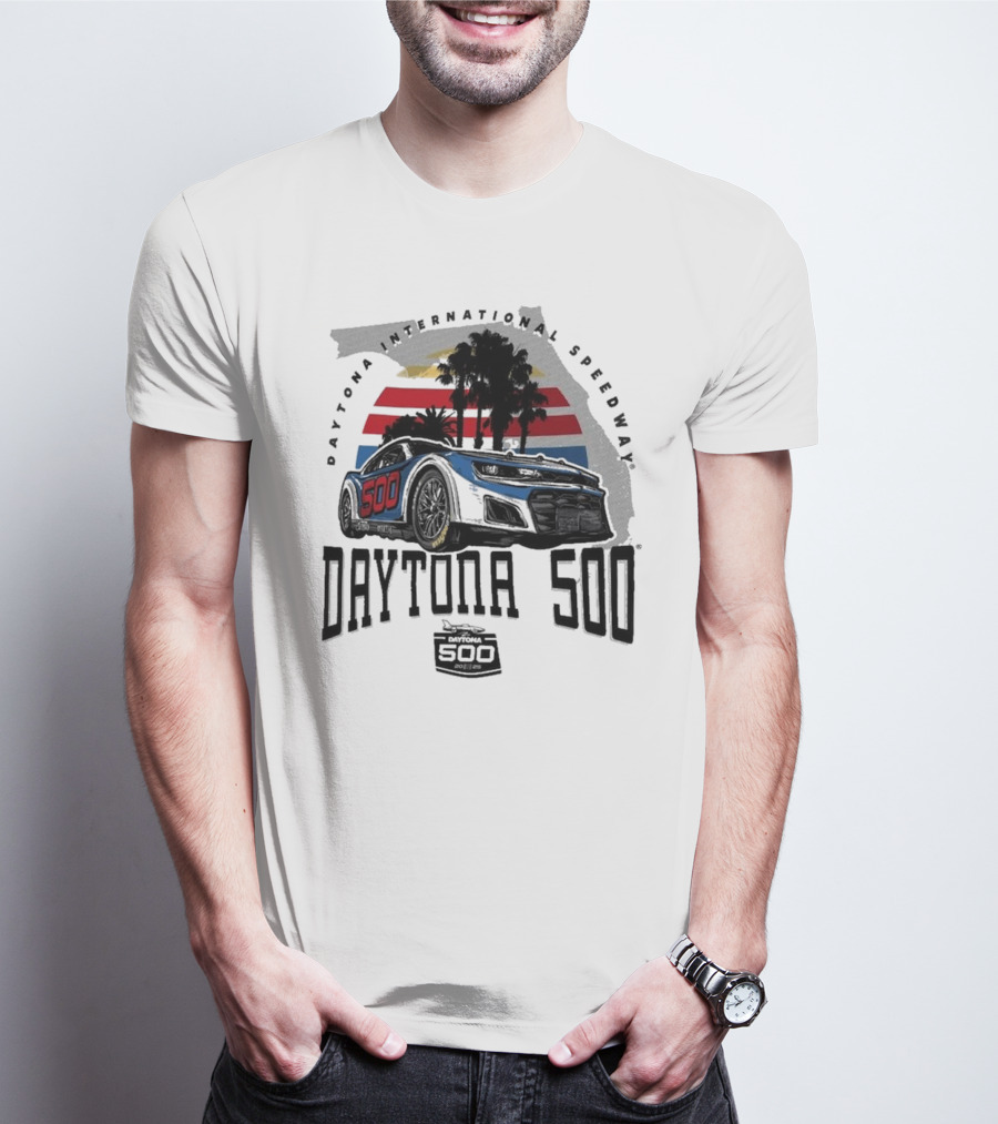 Daytona 500 Daytona International Speedway 2025 Racing Car Graphic With Palm Trees And Stripes T-Shirt
