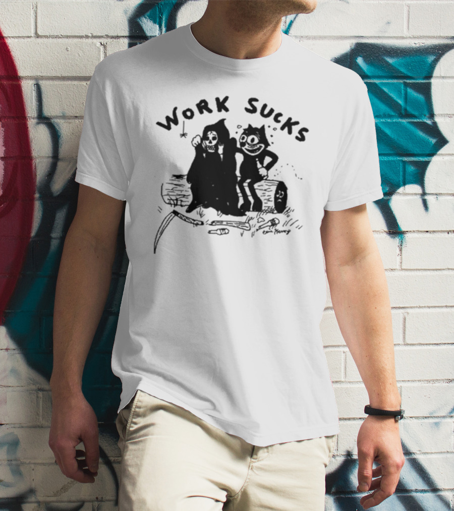 Heavyslime Work Sucks Grim Reaper And Cat Cartoon Comic Art By Eric Kenney T-Shirt