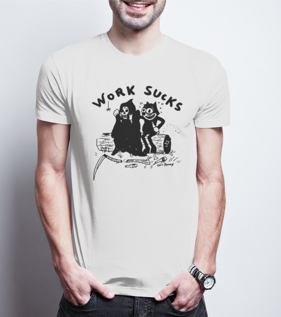 Heavyslime Work Sucks Grim Reaper And Cat Cartoon Comic Art By Eric Kenney T-Shirt