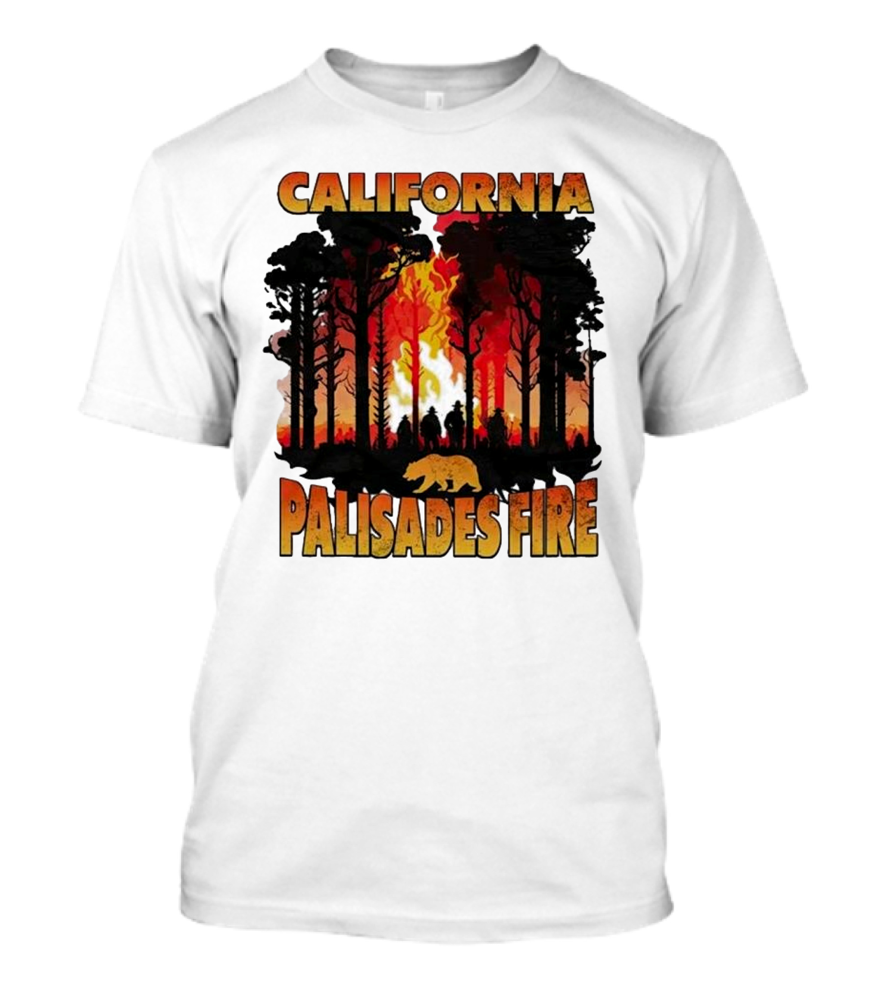 California Palisades Fire 2025 Forest Silhouette And Flames With Bear T-Shirt