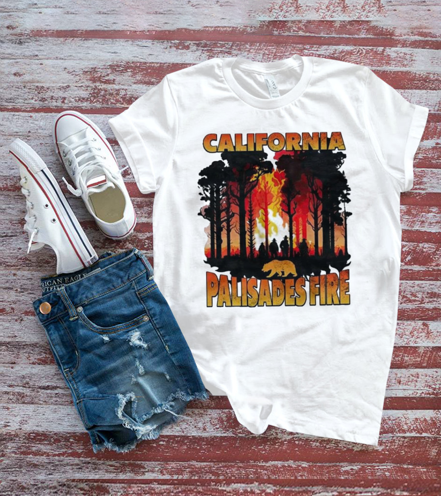 California Palisades Fire 2025 Forest Silhouette And Flames With Bear T-Shirt