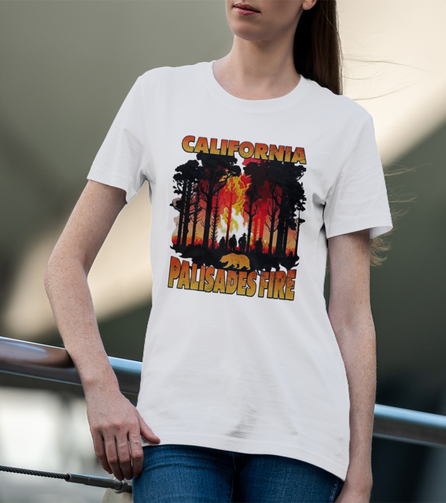 California Palisades Fire 2025 Forest Silhouette And Flames With Bear T-Shirt