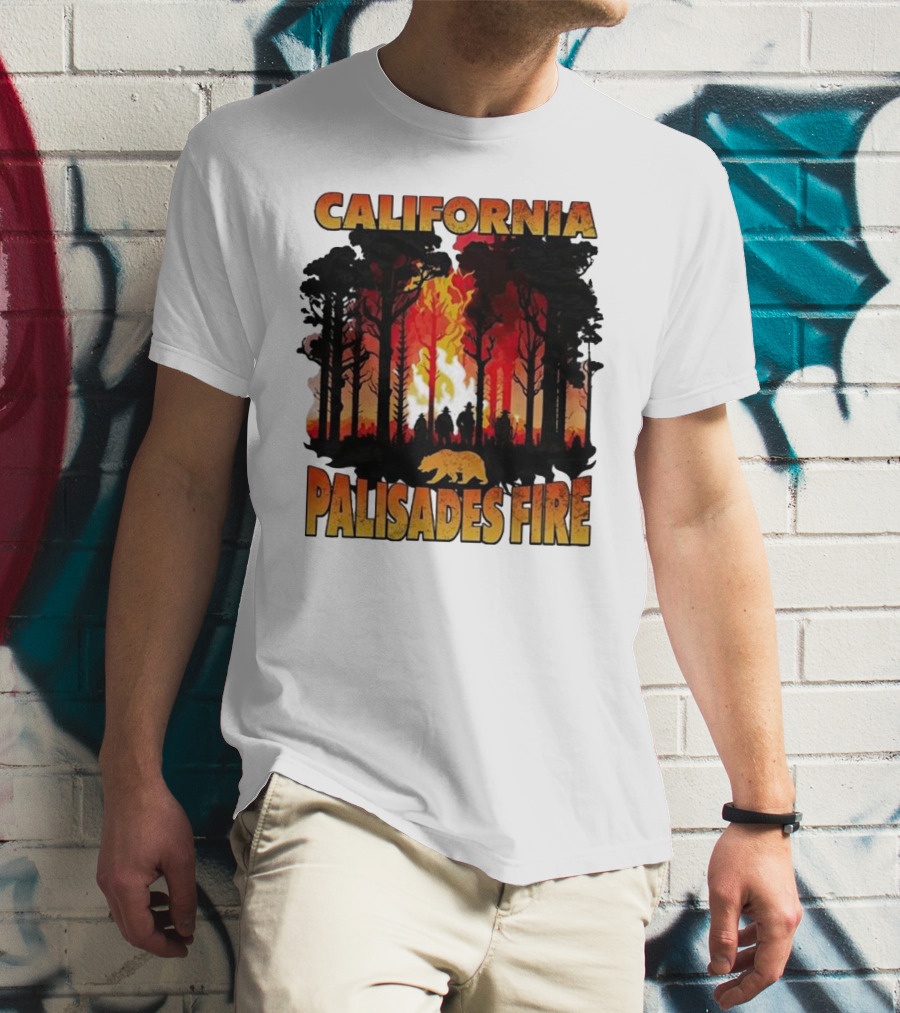 California Palisades Fire 2025 Forest Silhouette And Flames With Bear T-Shirt