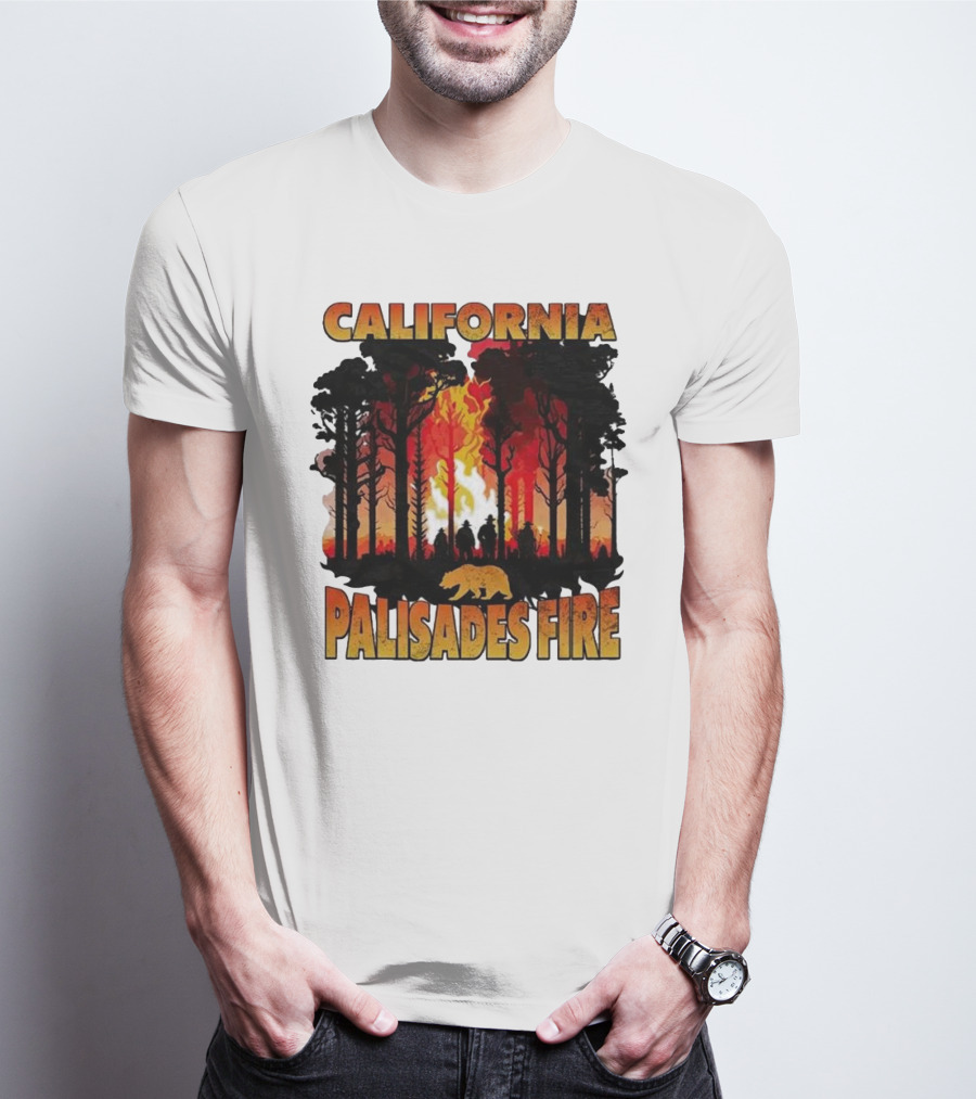 California Palisades Fire 2025 Forest Silhouette And Flames With Bear T-Shirt