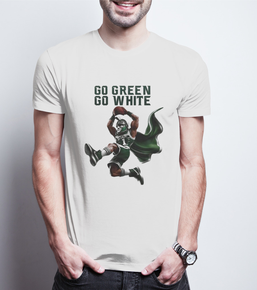 NCAA Michigan State Spartans Go Green Go White 2025 Mascot Dunking Basketball Player T-Shirt