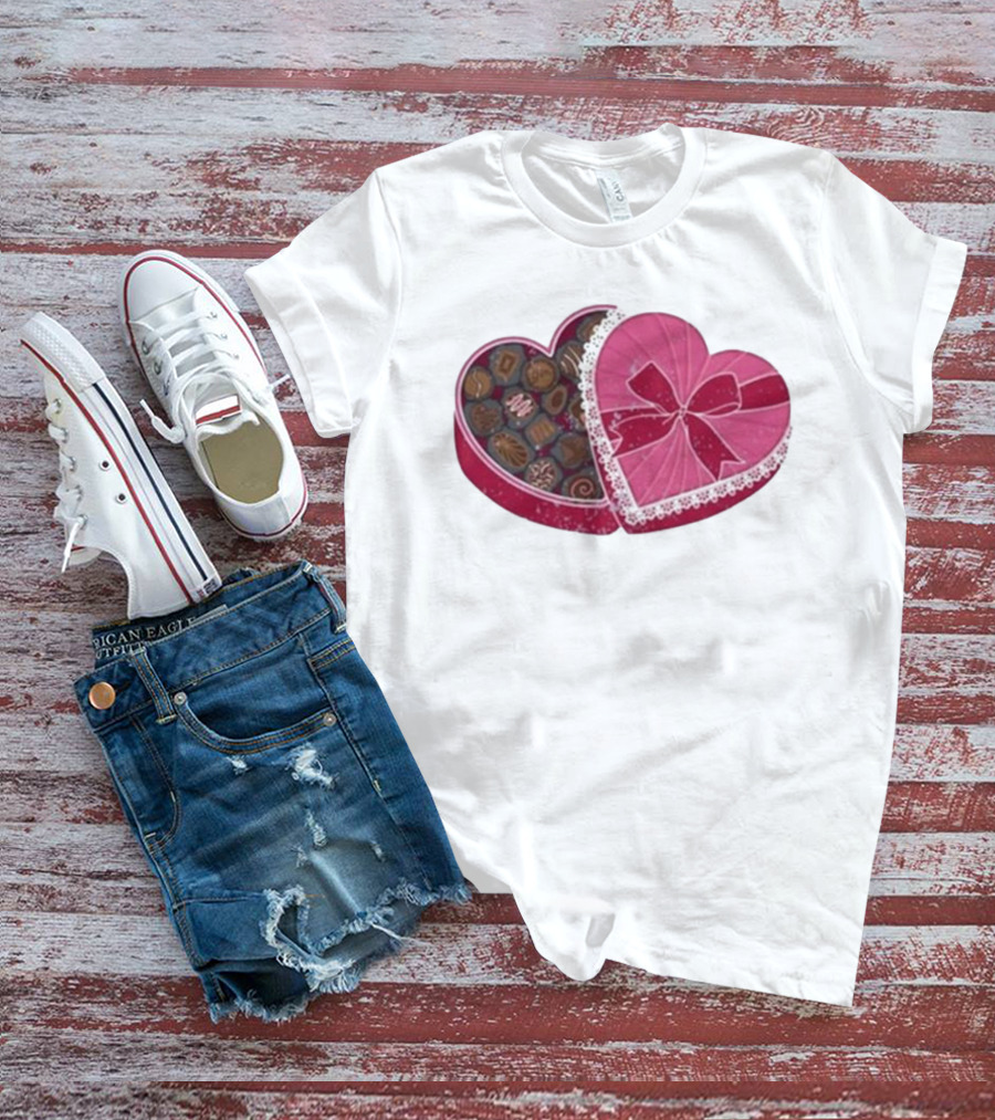 Mallory Ervin Heart Shaped Box Of Chocolates With Pink Ribbon Lace T-Shirt