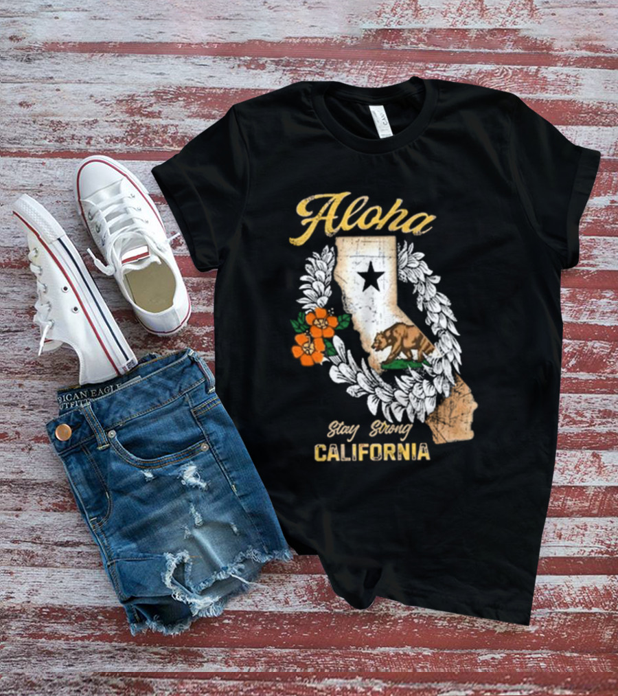Aloha Stay Strong California Bear Star Map And Flower Garland T-Shirt