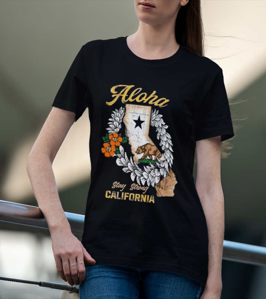 Aloha Stay Strong California Bear Star Map And Flower Garland T-Shirt