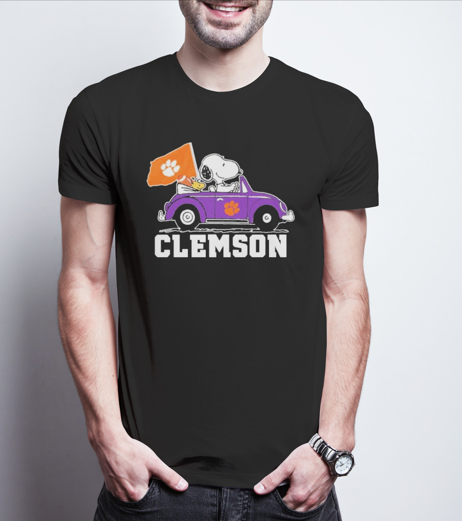 Peanuts Snoopy Woodstock Driving Purple Car With Clemson Tigers Flag CFP T-Shirt