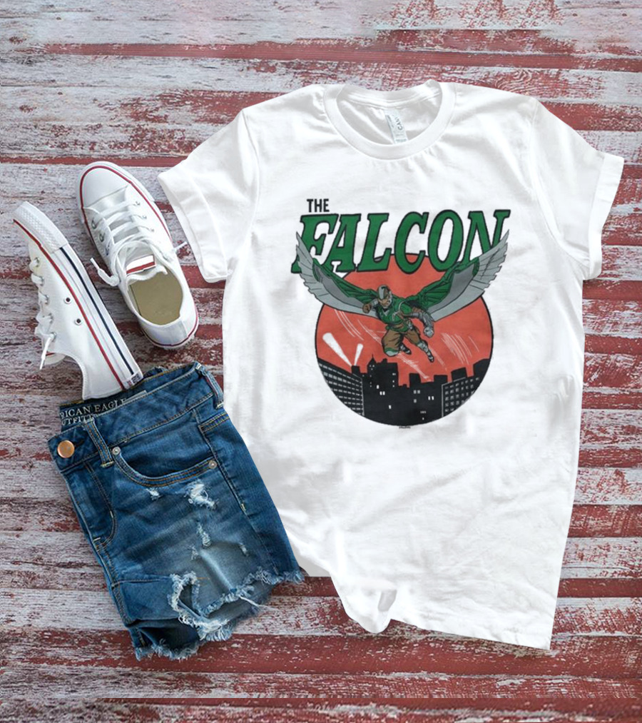 The Falcon Soaring Over City Skyline In Action-Packed Comic T-Shirt
