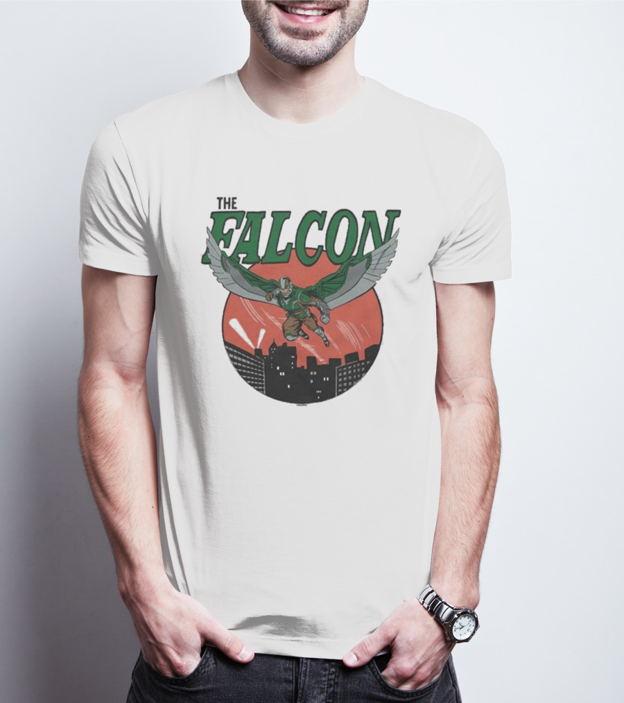 The Falcon Soaring Over City Skyline In Action-Packed Comic T-Shirt