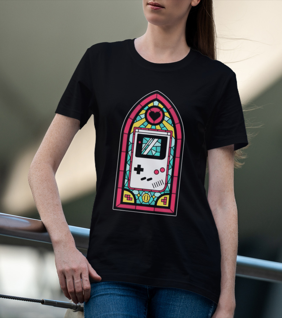 Game Boy 8-Bit Stained Glass Heart Coin Pixel Art Window T-Shirt