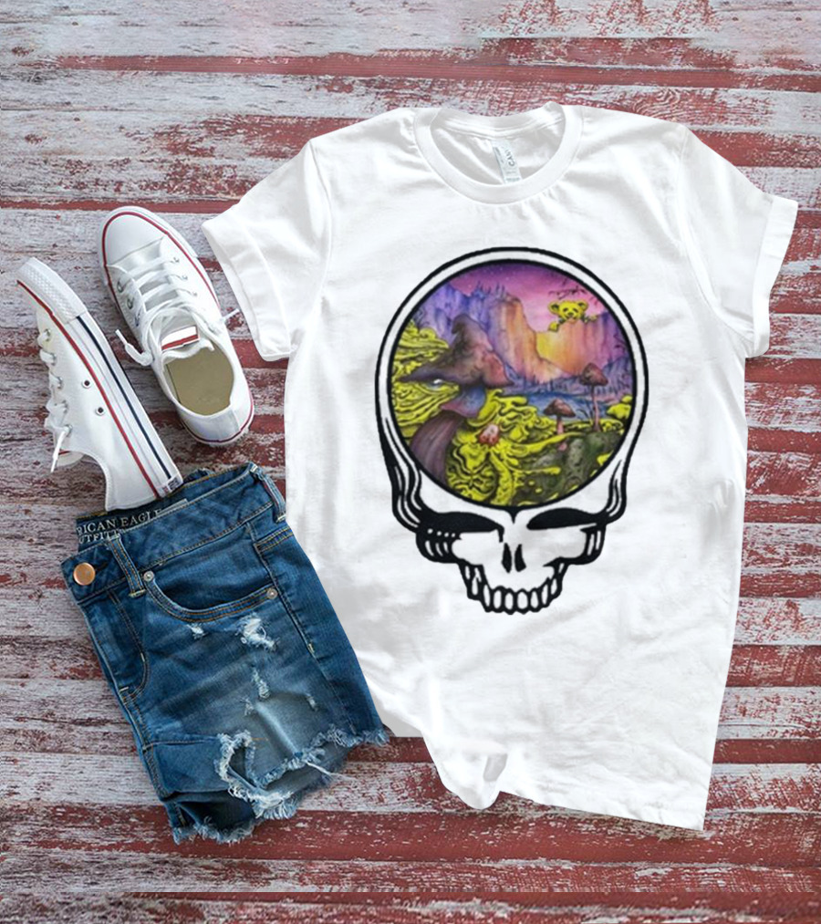 Grateful Dead Skull With Psychedelic Landscape And Mushrooms T-Shirt