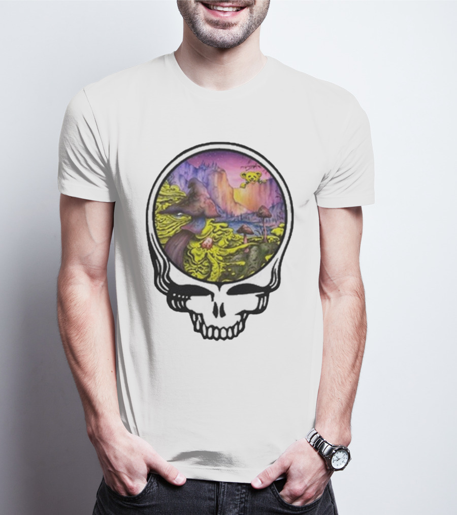 Grateful Dead Skull With Psychedelic Landscape And Mushrooms T-Shirt