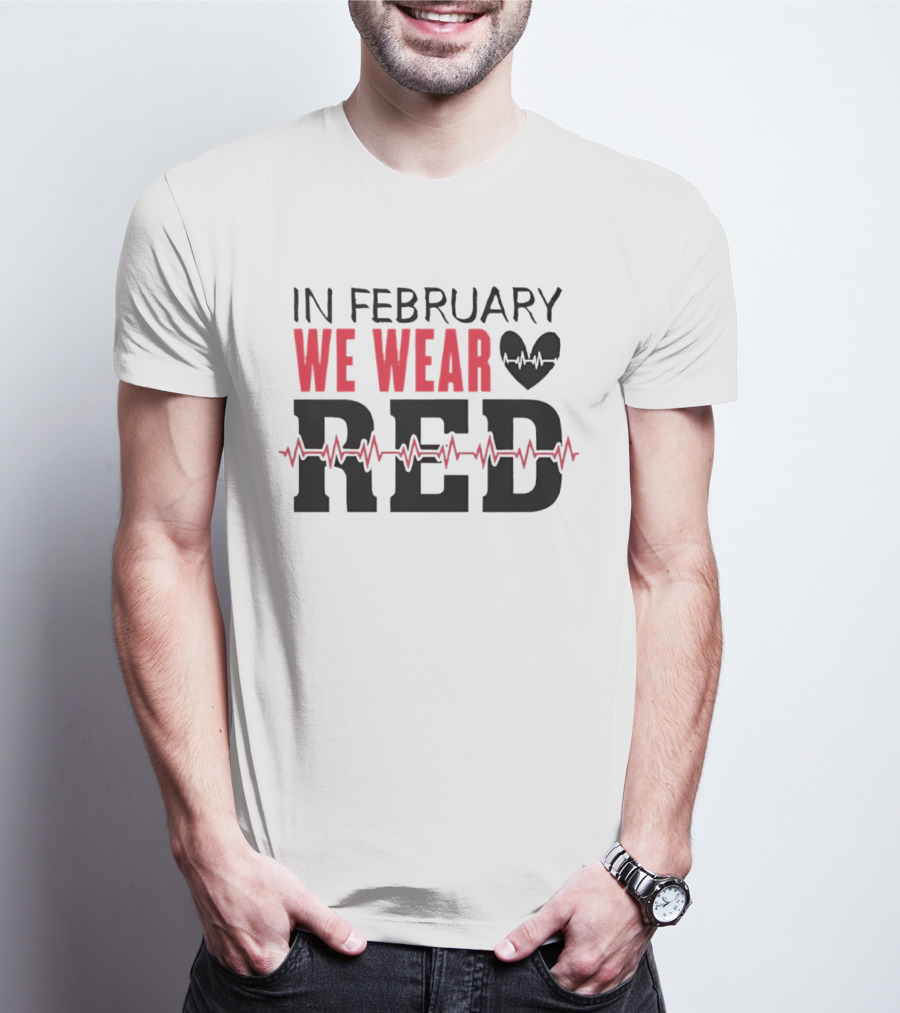 In February We Wear Red Heartbeat Motif T-Shirt