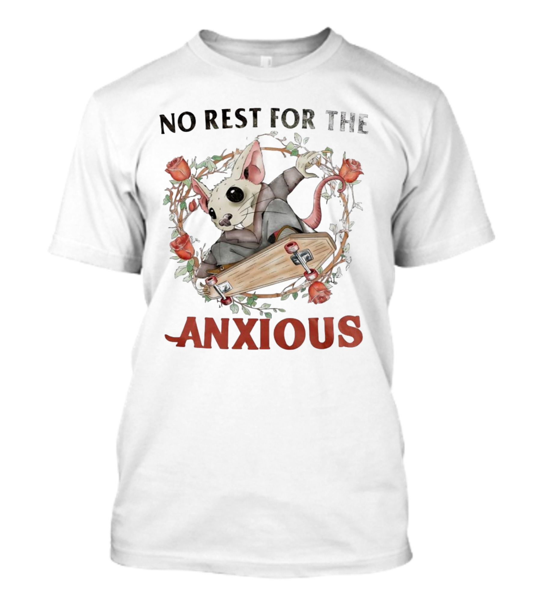 No Rest For The Anxious Rat In A Suit With Roses And Skateboard Coffin T-Shirt