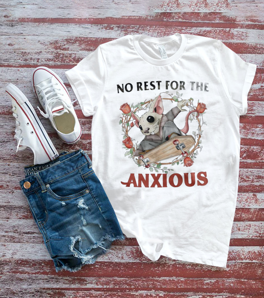 No Rest For The Anxious Rat In A Suit With Roses And Skateboard Coffin T-Shirt
