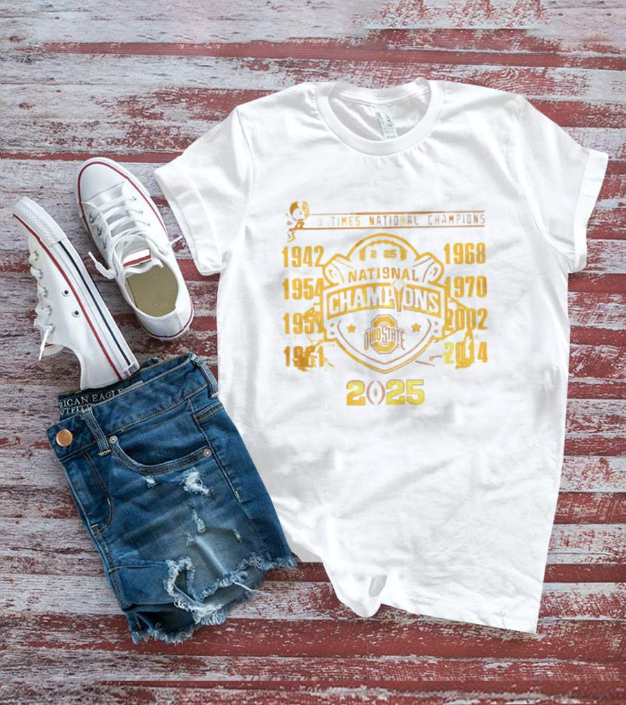 9 Times National Champions Ohio State NCAA 2025 1942 1954 1957 1961 1968 1970 2002 2014 T-Shirt