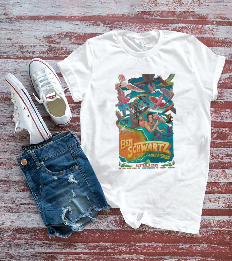 Ben Schwartz And Friends Australia 2025 Tour Birds Flying Surrounding Cartoon Character T-Shirt