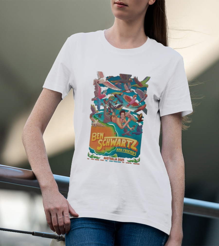 Ben Schwartz And Friends Australia 2025 Tour Birds Flying Surrounding Cartoon Character T-Shirt