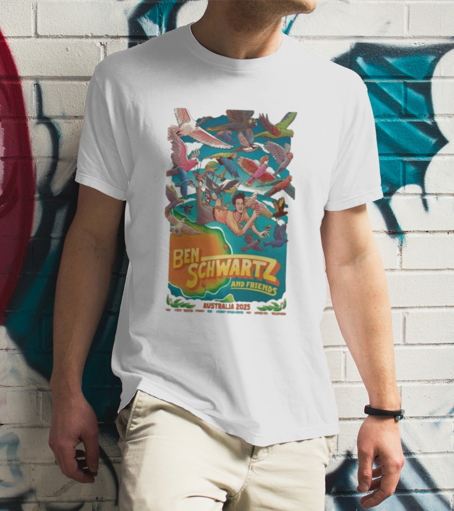Ben Schwartz And Friends Australia 2025 Tour Birds Flying Surrounding Cartoon Character T-Shirt
