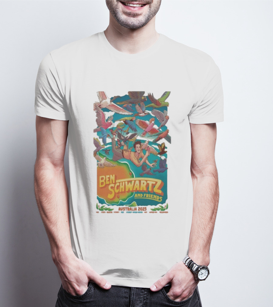 Ben Schwartz And Friends Australia 2025 Tour Birds Flying Surrounding Cartoon Character T-Shirt