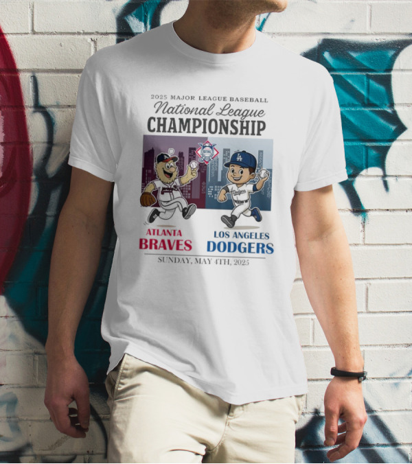 Atlanta Braves Los Angeles Dodgers National League 2025 Major League Baseball Skyline Cartoon Characters T-Shirt