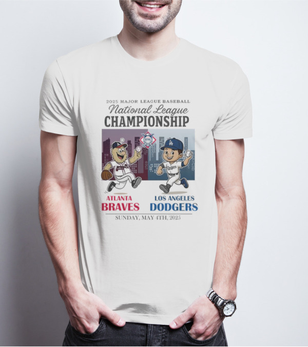 Atlanta Braves Los Angeles Dodgers National League 2025 Major League Baseball Skyline Cartoon Characters T-Shirt