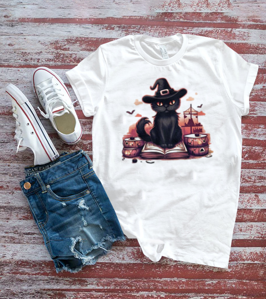 Cat Magic Halloween Witch Hat Pumpkins And Spellbook T-Shirt