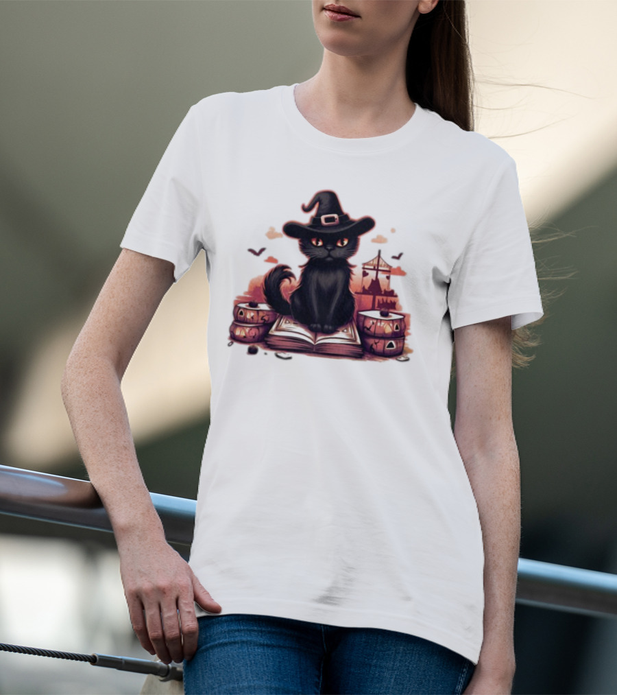 Cat Magic Halloween Witch Hat Pumpkins And Spellbook T-Shirt